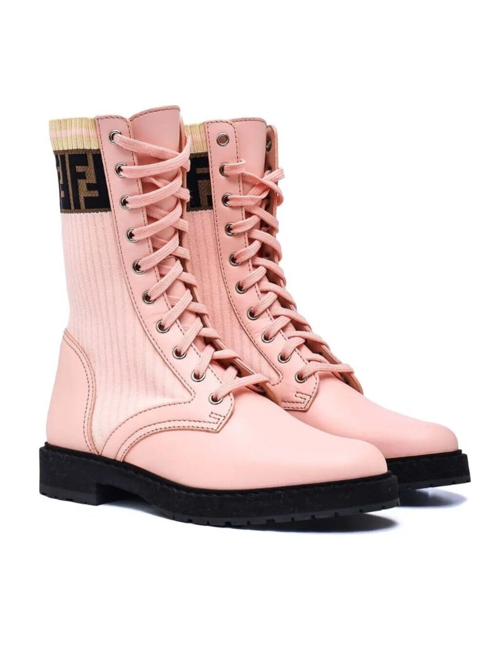 Fendi Zucca FF Logo Pink Leather Combat Boots size 37.5 NEW